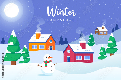 flat winter landscape at night with cottage, and snowman illustraion background vector isolated