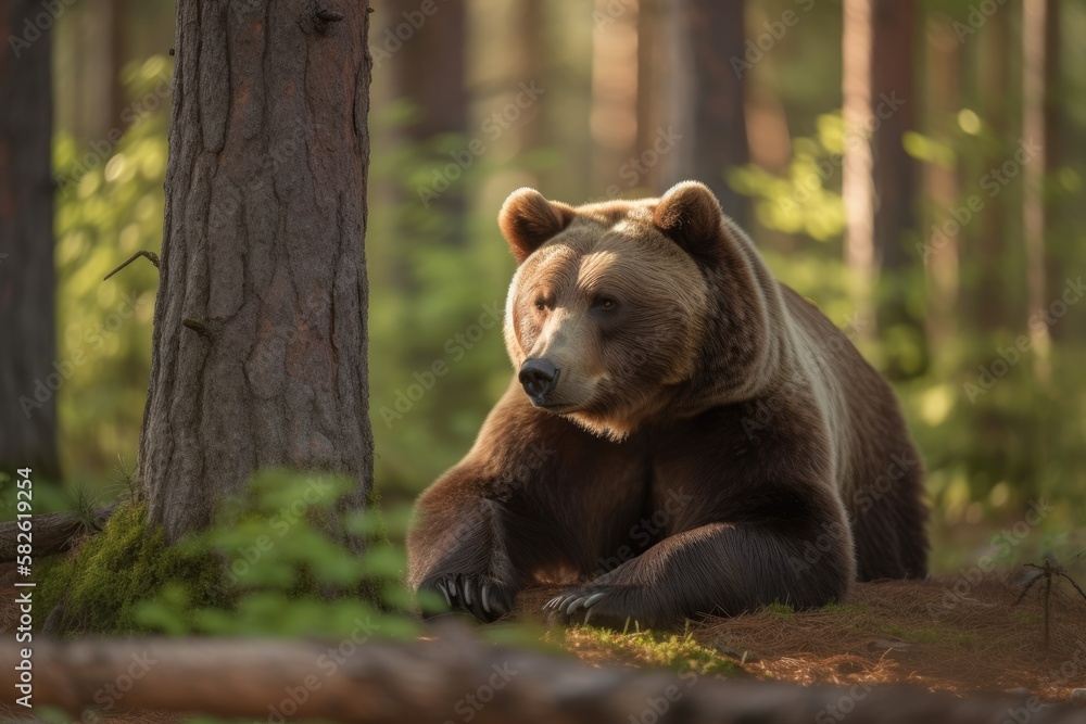 Resting in the forest is a brown bear (Ursus arctos). Generative AI Resting in the forest is a brown bear (Ursus arctos). Generative AI