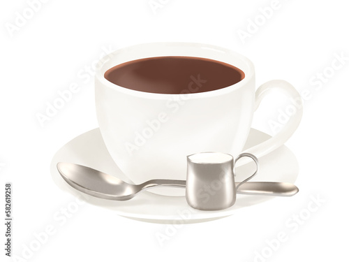 ミルクつきのホットコーヒー(コーヒーカップ、ソーサー、スプーン、ミルクピッチャー)