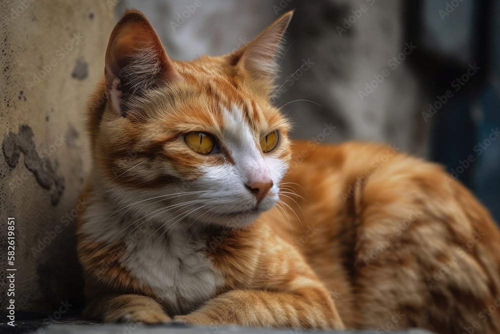 An orange wall and a gray cat. Generative AI An orange wall and a gray cat. Generative AI