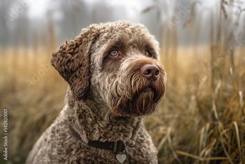Outdoor portrait of the Lagotto Romagnolo truffle hound. Generative AI photo