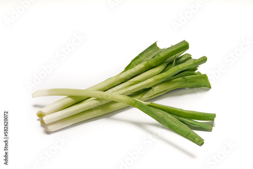 Green onions close-up on white background