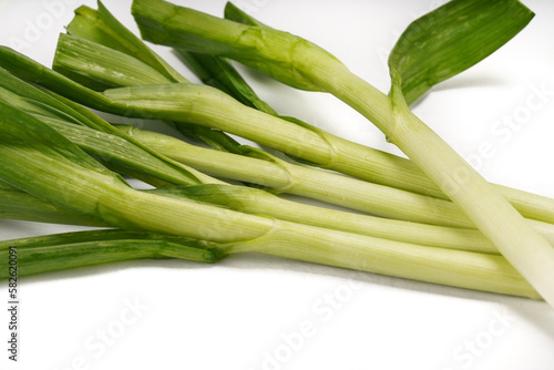Green onions close-up on white background