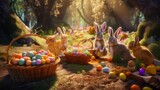 Bunnies in a Easter party in the forest with lots of basket colorful eggs, Generative AI