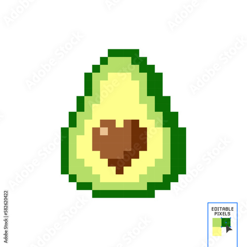 Vector isolated illustration of a pixel avocado half with a seed. Retro game 8 bit art, simple healthy food, symbol