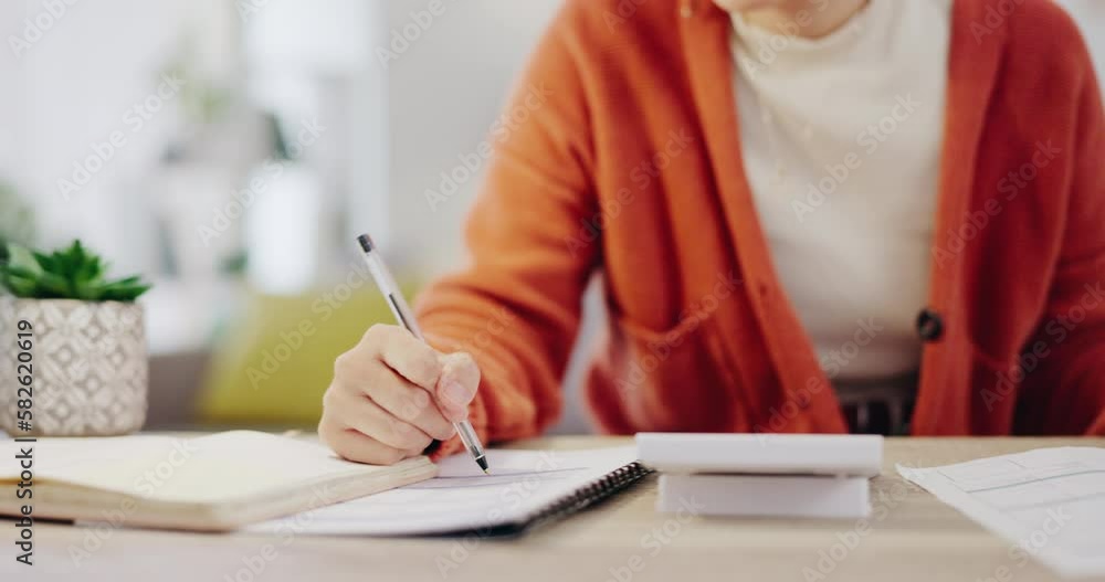 Remote work, accountant and hands of businesswoman working at home calculating financial budget. Freelance, worker and professional employee review report and planning company investment and writing