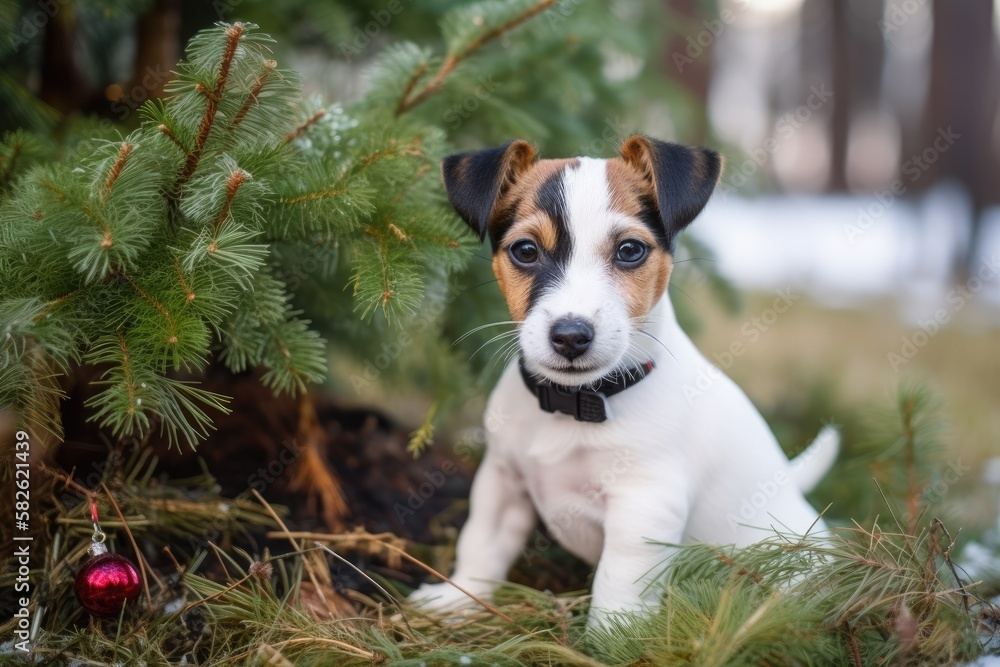 adorable puppy Outside in the cold, a Jack Russell Terrier dog sits beneath the Christmas tree. Generative AI