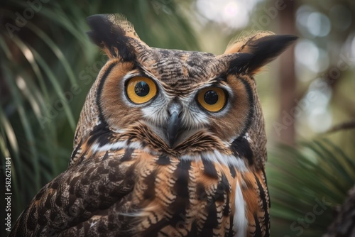 An image of a great horned owl in a relaxed state. They are a huge, widespread owl with characteristic ear tufts. Generative AI © AkuAku