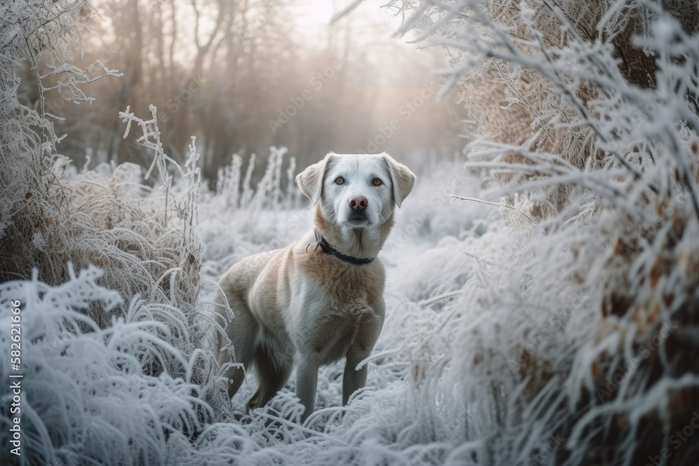Dog surrounded by frosted vegetation in a snowy winter forest. Generative AI