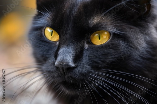 close up of a black cat with yellow eyes. Generative AI