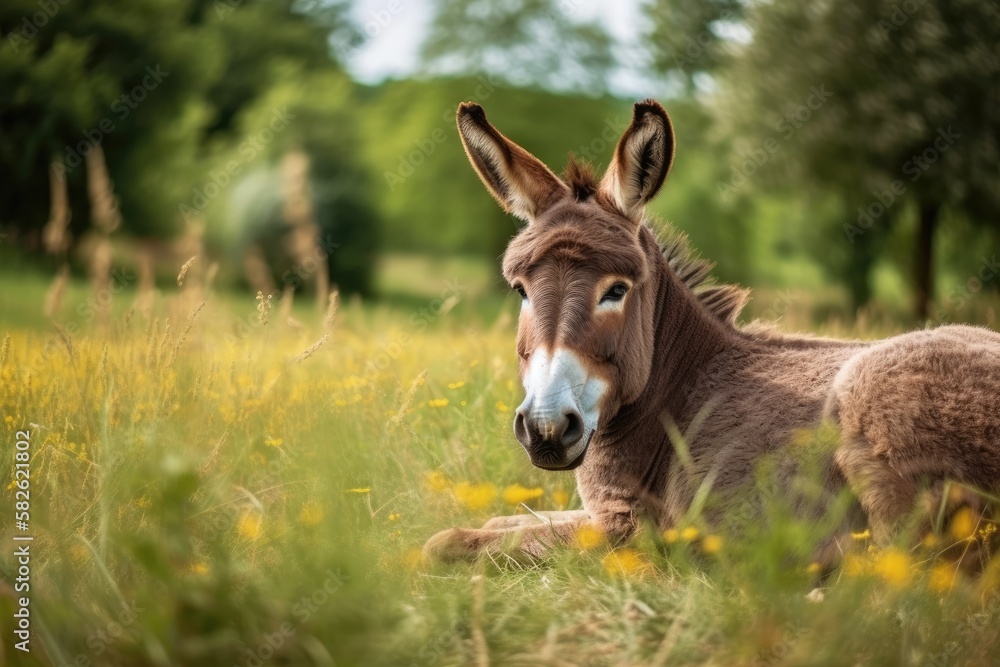 Donkey lying in a field. Generative AI