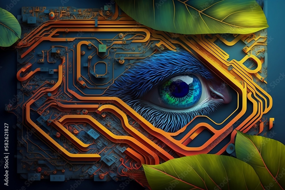 Hyper realistic blue eyes with leaves and motherboard concepts. 3d rendering illustration for wallpaper or background Hyper realistic blue eyes with leaves and motherboard concepts. 3d rendering illustration for wallpaper or background
