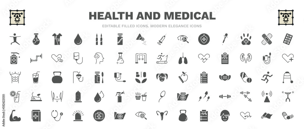 set of health and medical filled icons. health and medical glyph icons such as exercise, patient robe, medical strip, report, girl, blood drop, book, yoga mat, pills vector.