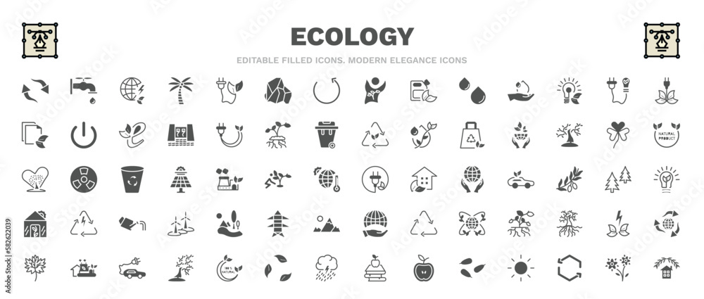 set of ecology filled icons. ecology glyph icons such as reload arrows, energy globe, save energy, ecology, sustainability, landscape image, eco industry, two flowers, ecological house vector.