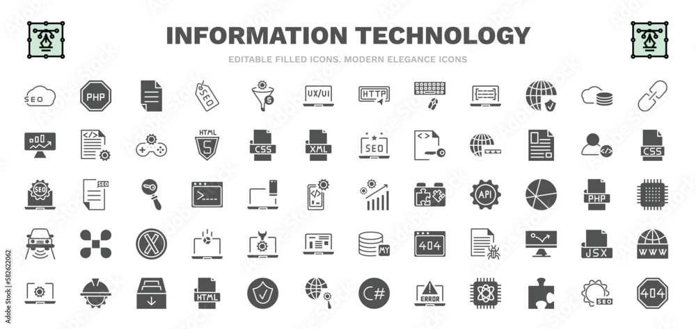 set of information technology filled icons. information technology glyph icons such as seo, page, ux de, cloud storage, www, seo growth, seo tools, archive, error 404 vector.