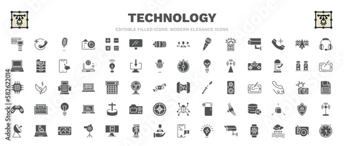 set of technology filled icons. technology glyph icons such as portable scanner, old mic, big headphones, antique gamepad, panoramic, cross stuck in ground, holidays, retro squared camera, stopwatch