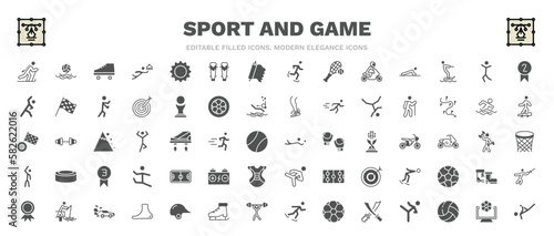 set of sport and game filled icons. sport and game glyph icons such as biathlon, roller skate, second prize, trekking, volleyball motion, basketball court, fisher fishing, football channel, capoeira