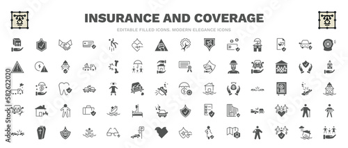 set of insurance and coverage filled icons. insurance and coverage glyph icons such as moving insurance, shake hands, puncture in a wheel, transport money sinking, coffin, inundation, familiar