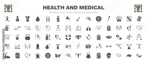 set of health and medical filled icons. health and medical glyph icons such as exercise, patient robe, medical strip, report, girl, blood drop, book, yoga mat, pills vector.