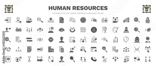 set of human resources filled icons. human resources glyph icons such as quit, salary, boss, art, selection, office, video conference, dialogue, onboarding vector.