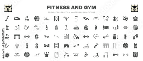 set of fitness and gym filled icons. fitness and gym glyph icons such as arms extender, grip, elevation mask, mat for fitness, good diet, lumbar belt, man swimming, lifting barbell, headgear vector.
