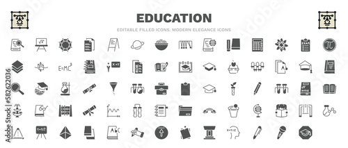 set of education filled icons. education glyph icons such as book and magnifier, chemical diagram, exams, lunchbox, case, diploma roll, ballistic, microphone with stand, studies vector.