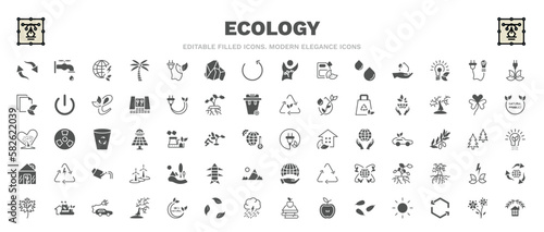 set of ecology filled icons. ecology glyph icons such as reload arrows, energy globe, save energy, ecology, sustainability, landscape image, eco industry, two flowers, ecological house vector.