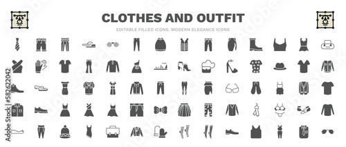 set of clothes and outfit filled icons. clothes and outfit glyph icons such as tie, oxford wave suit pants, barrel handbag, t shirt with de, leggins, long bandeau dress, pegged pants, collarless