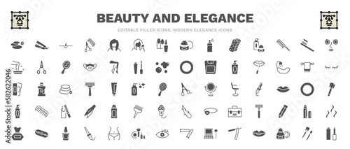 set of beauty and elegance filled icons. beauty and elegance glyph icons such as three stones, hair, cucumber slices on face, lip gloss, hair scissors, deodorant, big razor blade, makeup brush,