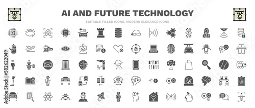 set of ai and future technology filled icons. ai and future technology glyph icons such as quantum computing  face recognition  secure data  high speed tube  smartphone  memory transfer  evaluation 