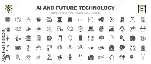 set of ai and future technology filled icons. ai and future technology glyph icons such as quantum computing, face recognition, secure data, high speed tube, smartphone, memory transfer, evaluation,