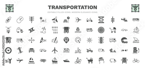 set of transportation filled icons. transportation glyph icons such as seatbelt, semaphore, car parking, small helicopter, alloy wheel, repair, airplane pointing up, sail boat, bikes vector.