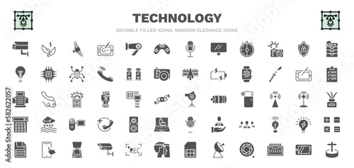 set of technology filled icons. technology glyph icons such as security cam, satellite in orbit, wireless gadget, safe shield protection, smart watch, pitching hine, sound box, scanner with cover,