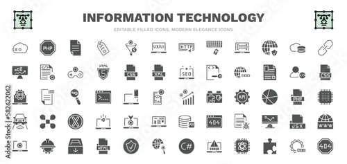 set of information technology filled icons. information technology glyph icons such as seo  page  ux de  cloud storage  www  seo growth  seo tools  archive  error 404 vector.