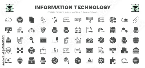 set of information technology filled icons. information technology glyph icons such as seo, page, ux de, cloud storage, www, seo growth, seo tools, archive, error 404 vector.