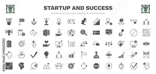 set of startup and success filled icons. startup and success glyph icons such as stationery  strategy game  identity  choose  strategy sketch  comparison  team  exploration  strategy thought vector.