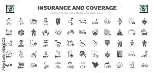 set of insurance and coverage filled icons. insurance and coverage glyph icons such as elderly, tsunami insurance, fracture, problem electric, building disabled, finances, risk pool, towed car