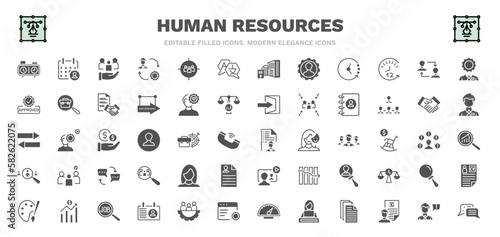 set of human resources filled icons. human resources glyph icons such as chess clock, human resources, language, change personal, contact, job application, women, job search, interview vector.