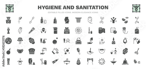 set of hygiene and sanitation filled icons. hygiene and sanitation glyph icons such as baby wipe  cotton swab  body shaming  lens  paper towel  face cream  drying hands  shaving gel  parasite