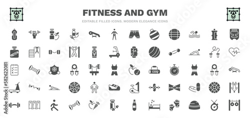 set of fitness and gym filled icons. fitness and gym glyph icons such as hydratation, fitness food, anatomy, isotonic, dumbbells bar, good diet, stick man hoop, stretching leg exercise, rings