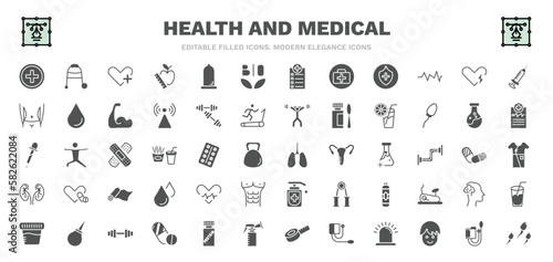 set of health and medical filled icons. health and medical glyph icons such as injury, health care, bio, defibrillator, orange juice, lung, beat, gym, sperm vector.