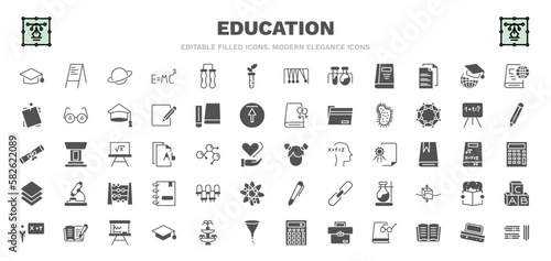 set of education filled icons. education glyph icons such as graduate cap, planet saturn, plant sample, international graduate, parasites, kid, grandstand, writing whiteboard, three books vector.