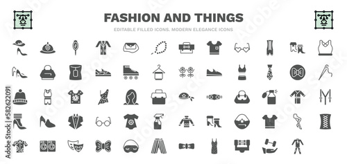 set of fashion and things filled icons. fashion and things glyph icons such as style, mirrors, tasbih, boot for women, outfit, pirate scarf, eyewear, laundry zone, working coverall vector.