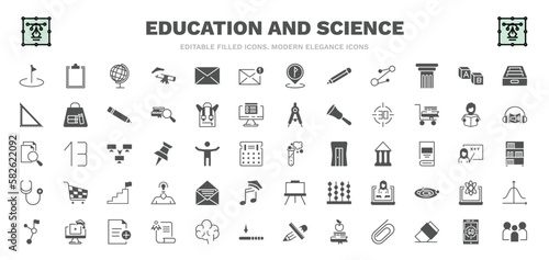 set of education and science filled icons. education and science glyph icons such as flag point, school globe, new email, creche, digital display 30, full test tube, open email, new document, group