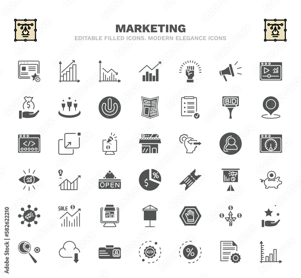 set of marketing filled icons. marketing glyph icons such as favorite web, marketing graph, motivation, bid, shop, demand, pig bank, ad blocker, id vector.
