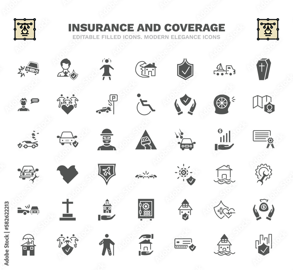 set of insurance and coverage filled icons. insurance and coverage glyph icons such as accident, child, safe, puncture in a wheel, slippery road, bite, repair, replacement value, wounded vector.