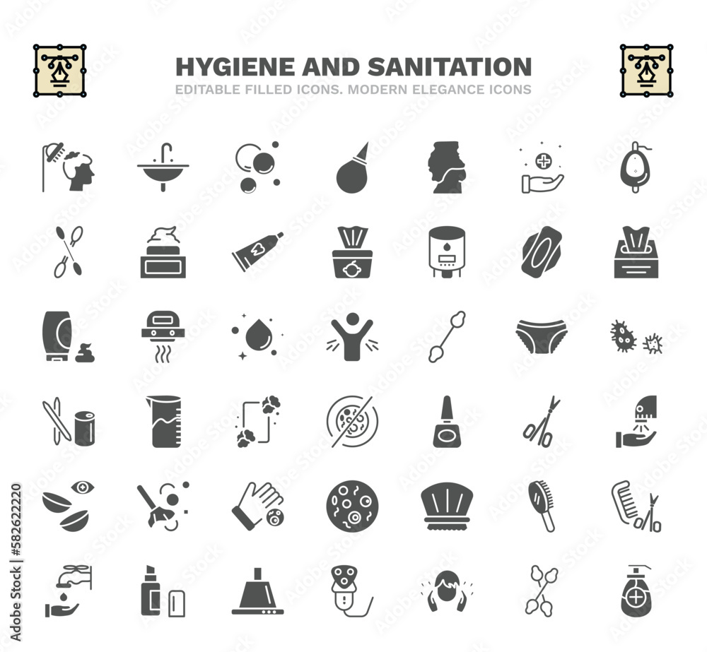 set of hygiene and sanitation filled icons. hygiene and sanitation glyph icons such as hair washing, bubbles, body shaming, hygienic pad, body odour, detergent dose, dryer, shower cap, extractor
