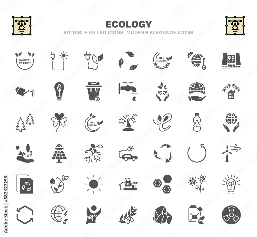 set of ecology filled icons. ecology glyph icons such as natural product, eco energy, 100 % natural badge, globe on hand, tree with many leaves, solar energy, wind energy, eco power cells, eco