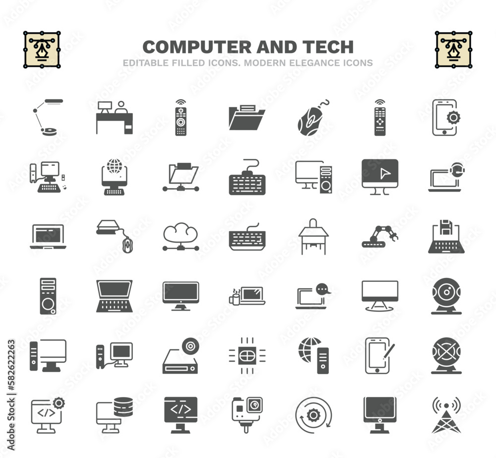 set of computer and tech filled icons. computer and tech glyph icons such as study lamp, tv controller, computer mouse device, monitor, classroom keyboard, open laptop on, webcamera, internet set of computer and tech filled icons. computer and tech glyph icons such as study lamp, tv controller, computer mouse device, monitor, classroom keyboard, open laptop on, webcamera, internet