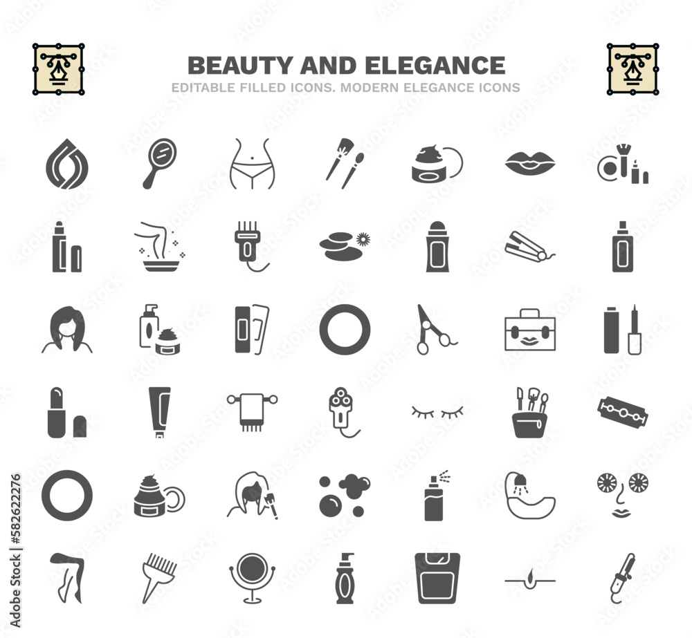 set of beauty and elegance filled icons. beauty and elegance glyph icons such as hair sample, women waist, facial cream, hair straightener, 1642645100876100-56.eps,,,,,, cream tube, big razor blade,